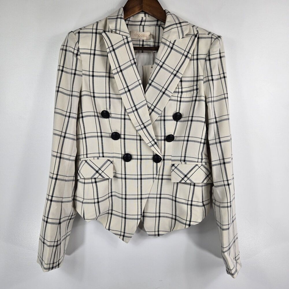 Choosy Women's Size 2 Cream & Blue Windowpane Plaid Blazer Top Jacket NWT‎